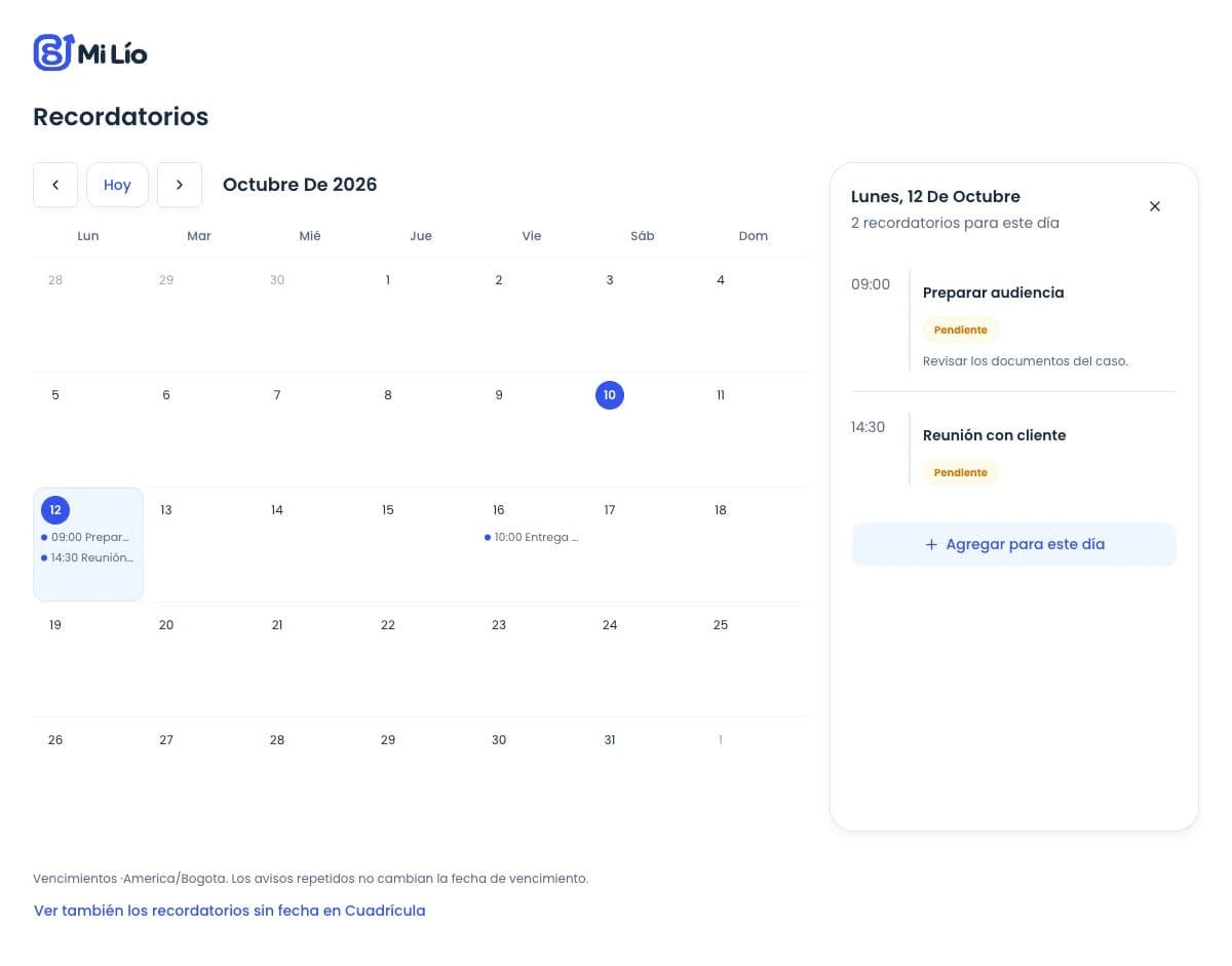 Calendario real de Mi Lío con los recordatorios del día en un panel lateral.